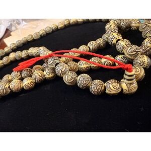 Carved Resin Buddha Mala Prayer Beads Long Necklace Red Tassel Cream Black